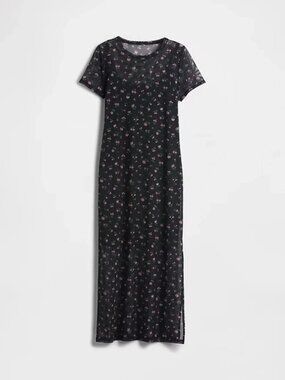 NEW GAP Floral Mesh Maxi Dress Black and Pink short sleeve S